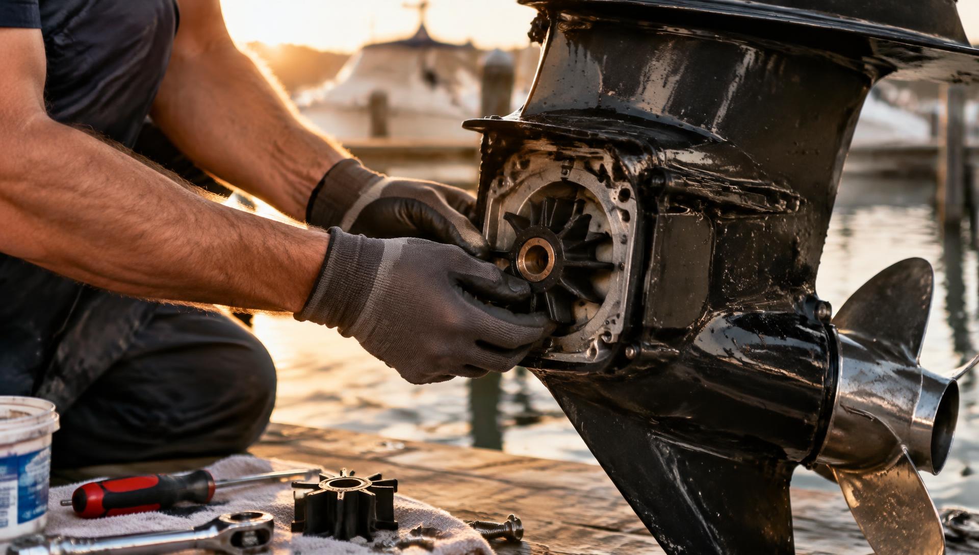 Hands replacing a water pump impeller on an outboard