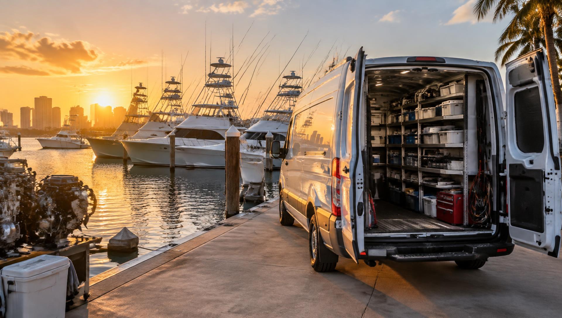 Mobile service van with parts shelves at a Miami marina