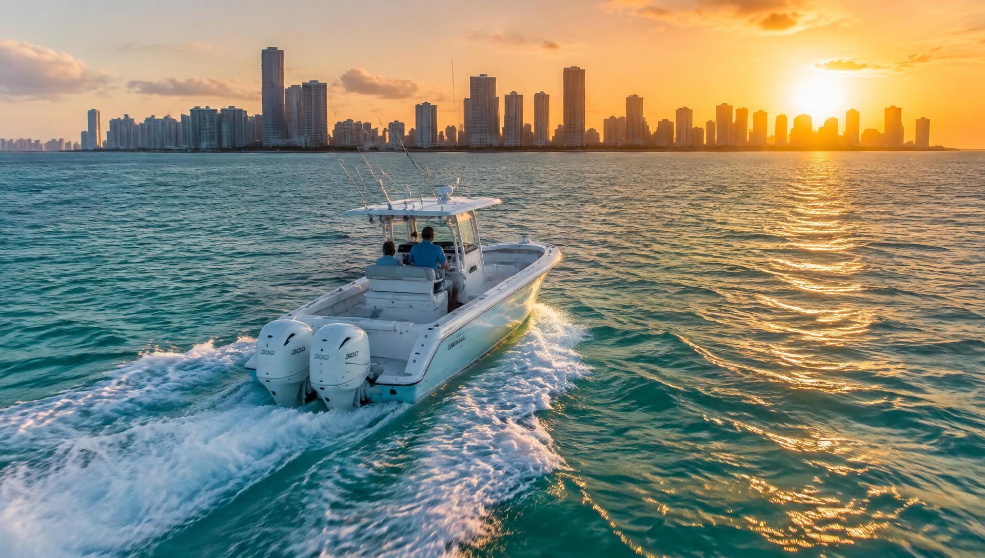 Center-console boat cruising Biscayne Bay at sunset